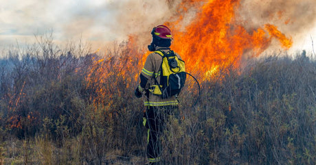 A wildland firefighter wearing yellow protective gear while standing in grass overseeing a forest fire.